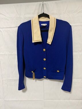 St. John Royal Blue Knit Blazer with Cream Collar and Gold Buttons